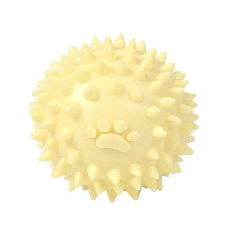 Blue TPR dog chew ball with footprint texture, 6cm diameter, for tooth cleaning and play.