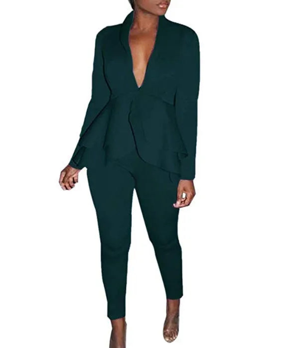 Women's ruffled business suit with pencil pants in polyester fabric, available in eight colours