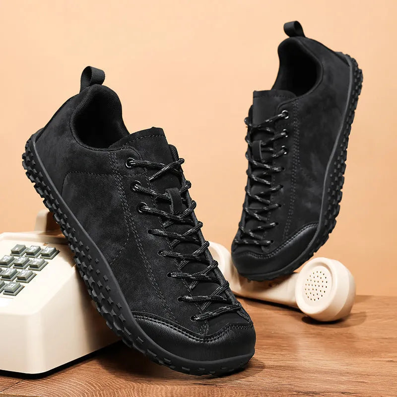 Large size wide toe training shoes with mesh upper, rubber sole, and front lace-up in black colour