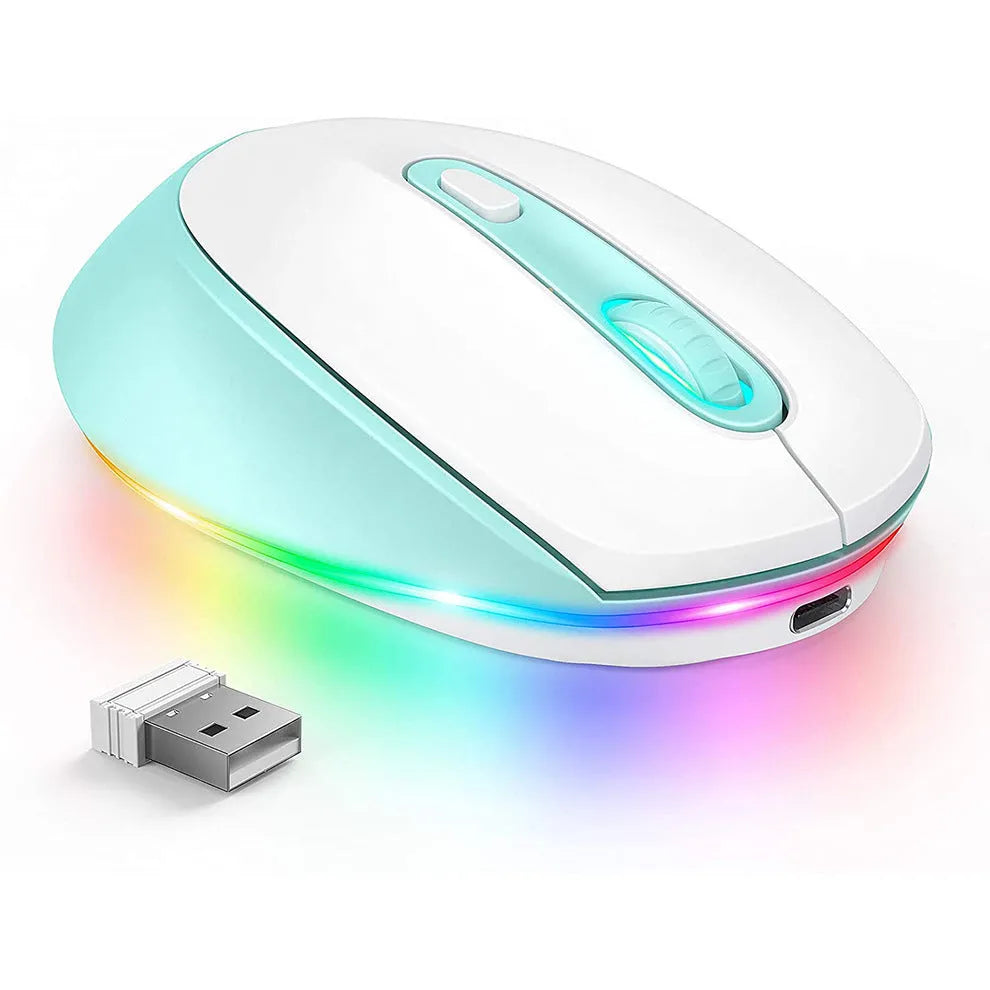 24g lightweight wireless mouse for laptops in various colours, shown with USB charging cable.