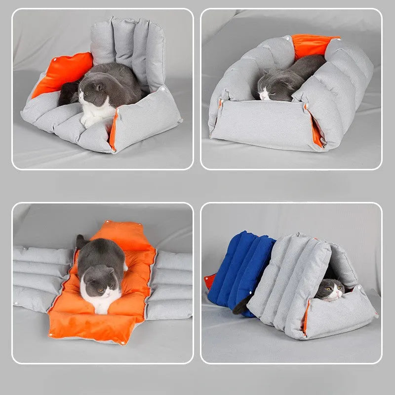 Blue triangular cat bed with removable cotton cover and connecting drill holes