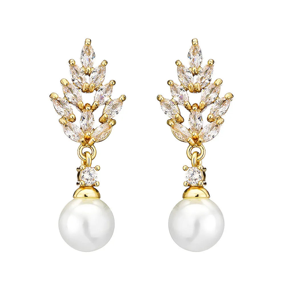 Geometric flower design pearl earrings with micro inlaid zircon stones in gold, platinum, or rose gold plated finishes.