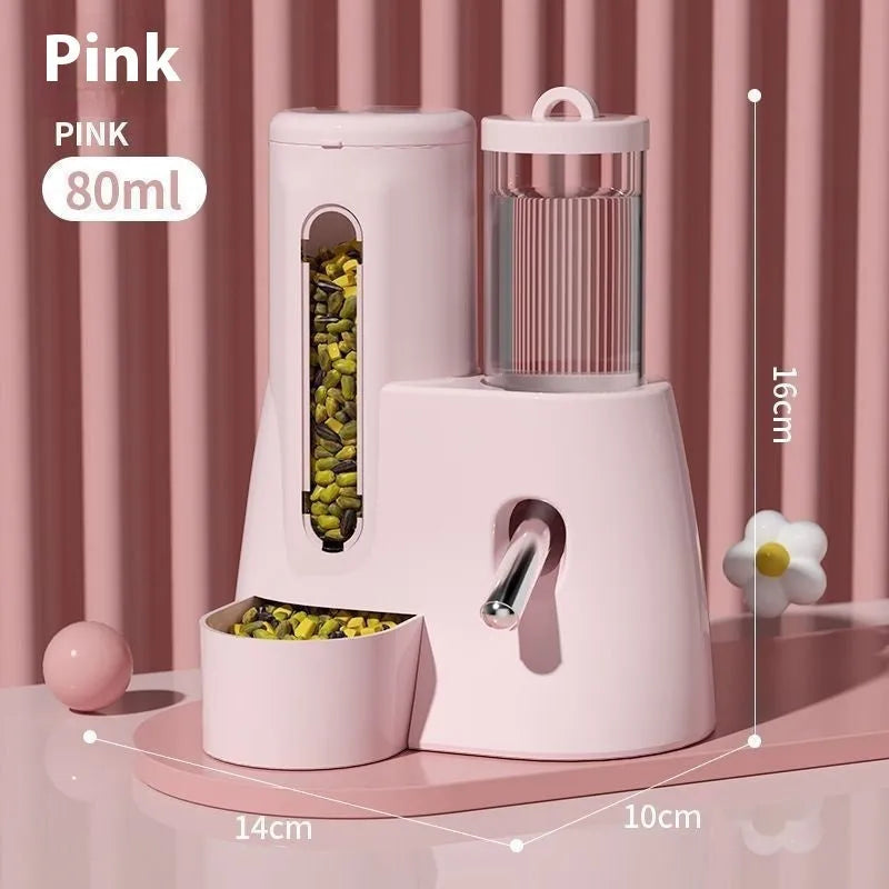 White automatic hamster drinking water feeder with integrated food basin on a stable base.