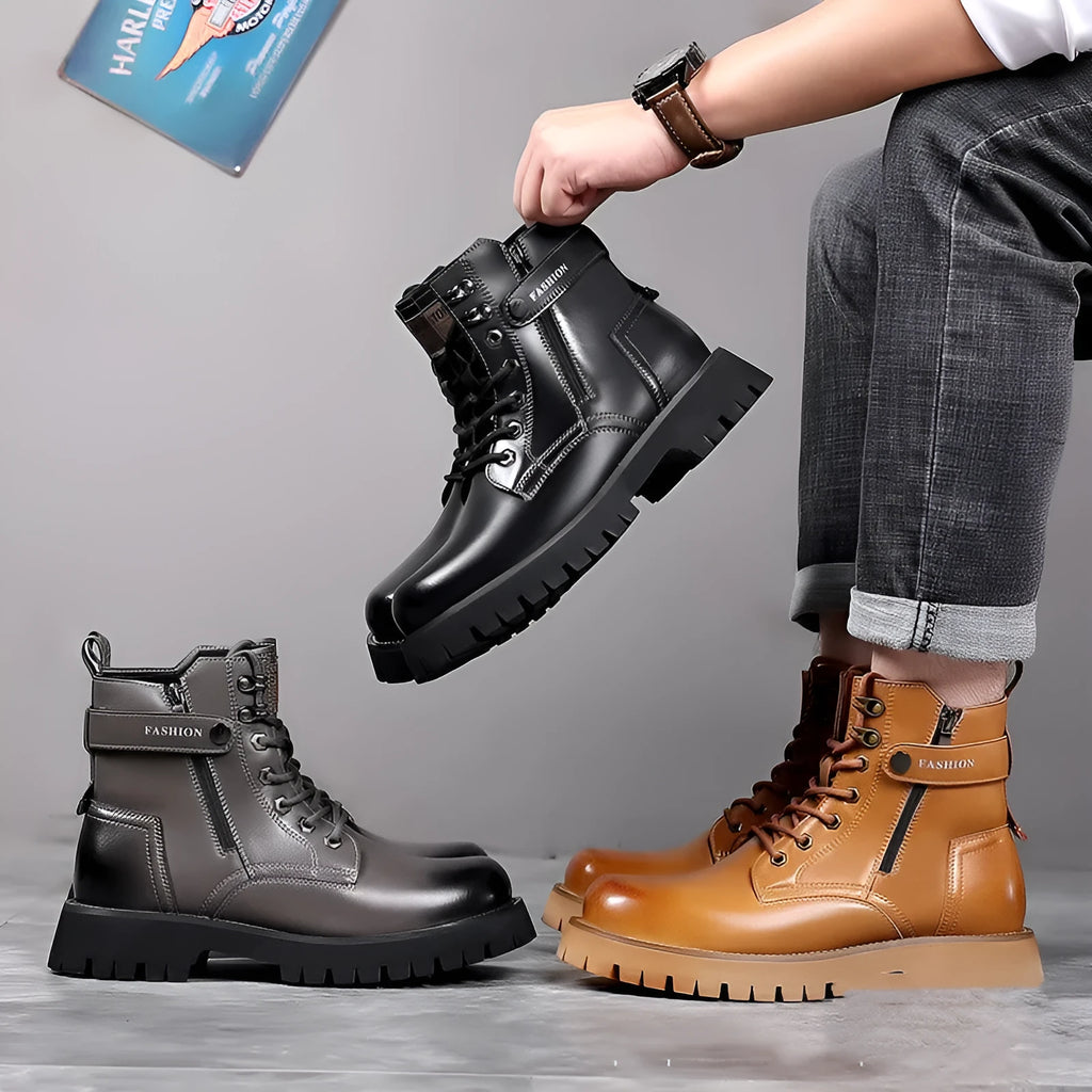 Men's light brown leather Martin boots with side zip and thick rubber sole.