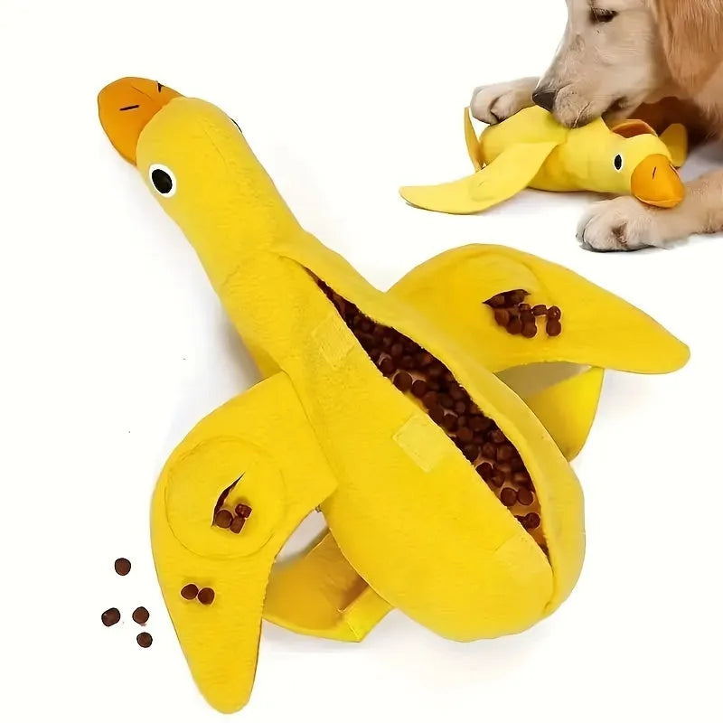 Yellow teddy bear shaped dog toy with food leak compartment and squeaker for training and enrichment