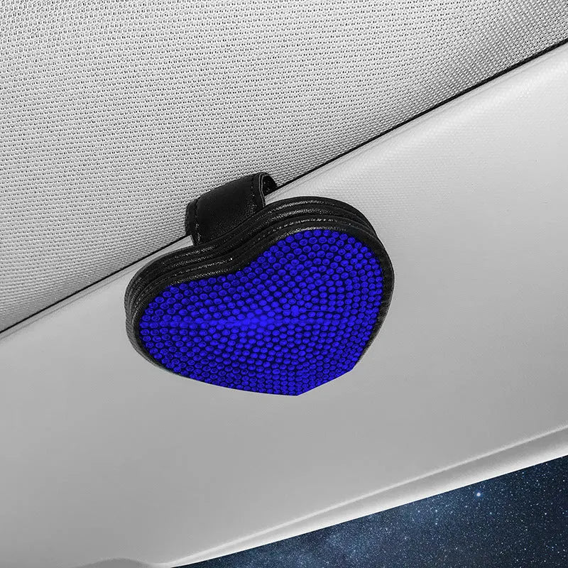 Diamond-encrusted PU leather car sun visor clip with magnetic closure for glasses and document storage