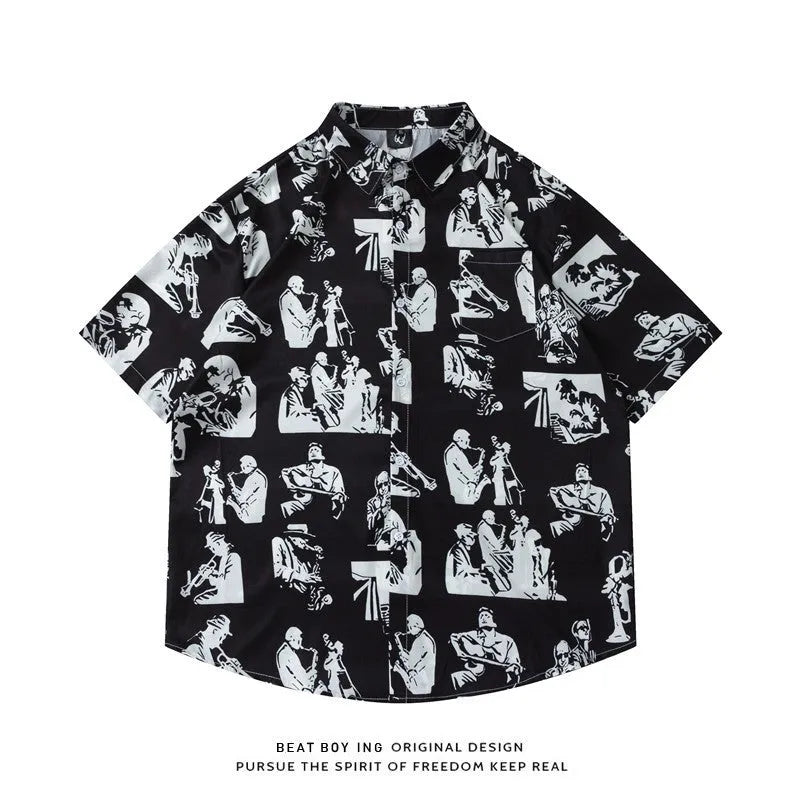 Full printed floral pattern on a loose fit short sleeve cardigan shirt in polyester.