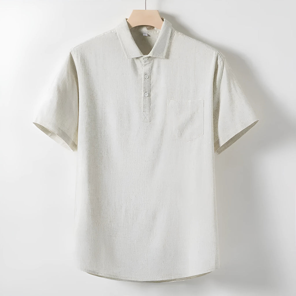 Men's loose linen T-shirt with lapel collar in optic linen colour.