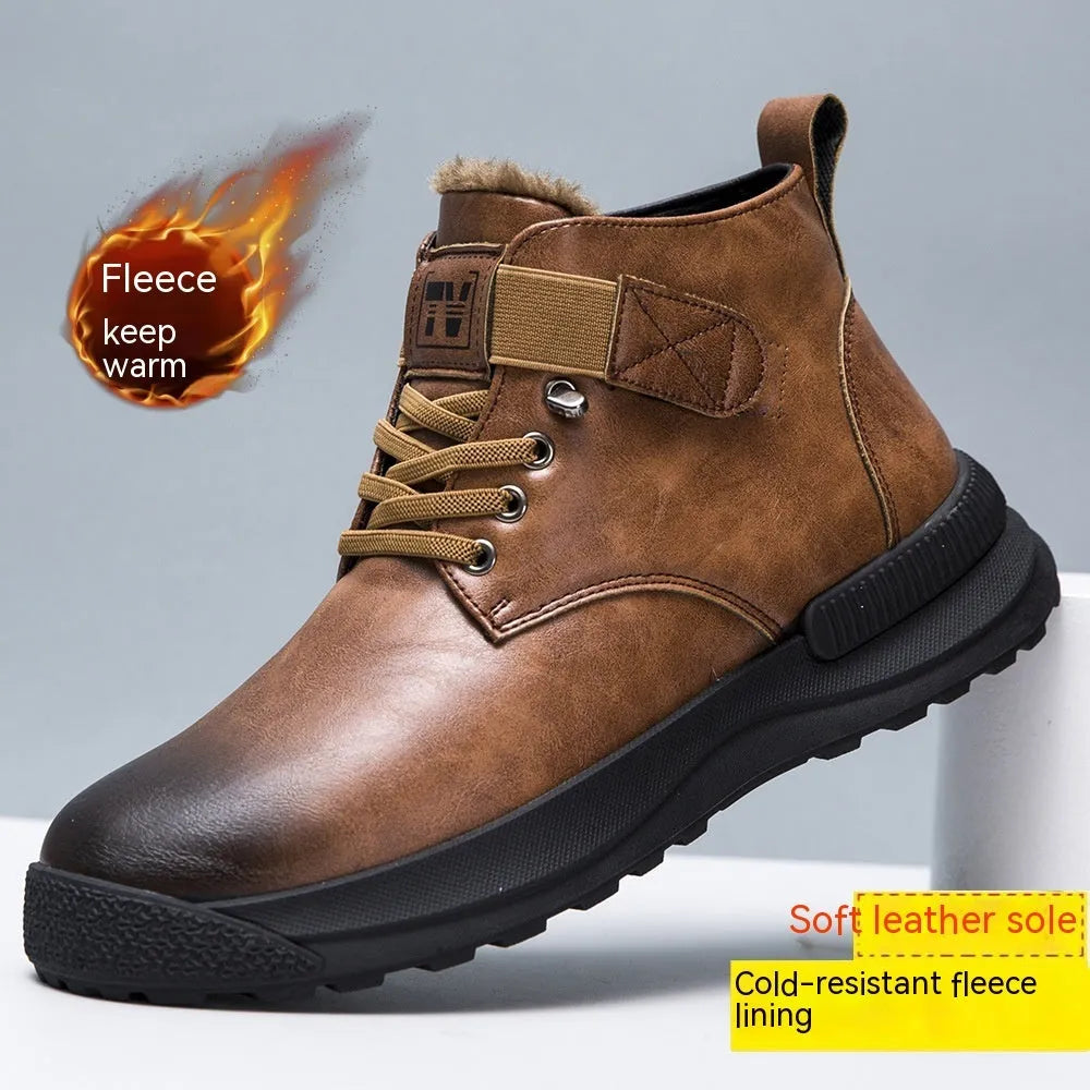 Black platform Martin boots with velvet artificial PU upper and rubber sole showing high-top design