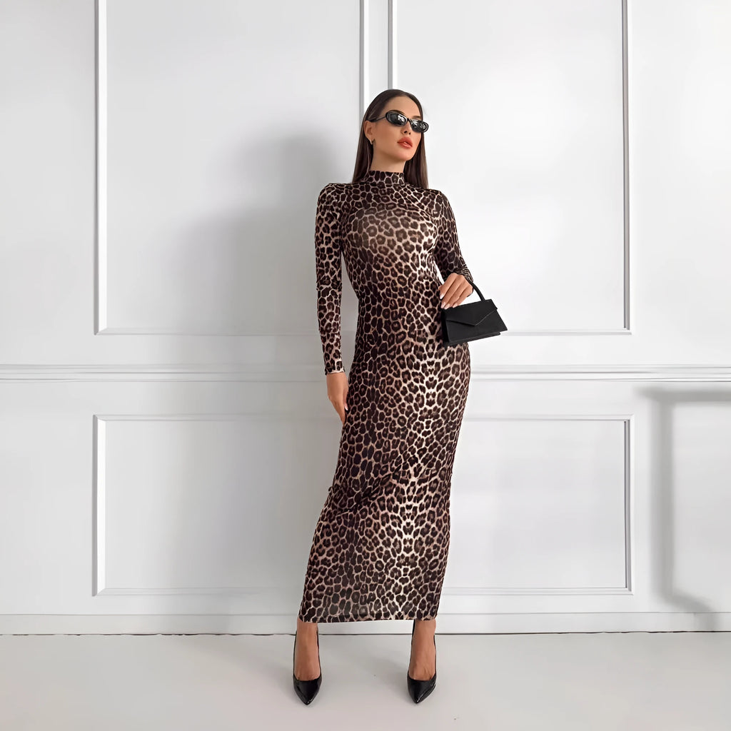 Leopard print long dress with stand collar and long sleeves in milk silk fabric