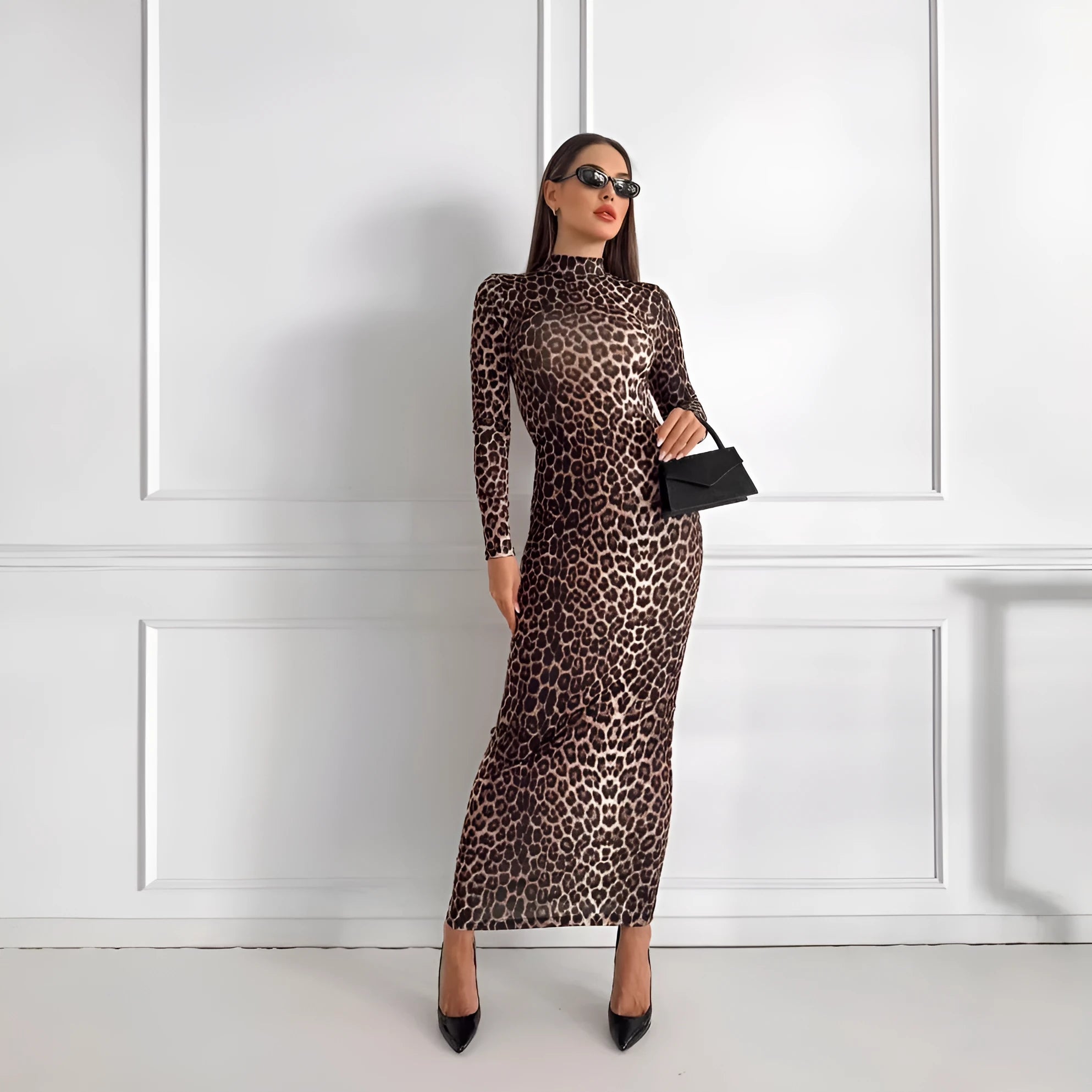 Leopard print long dress with stand collar and long sleeves in milk silk fabric