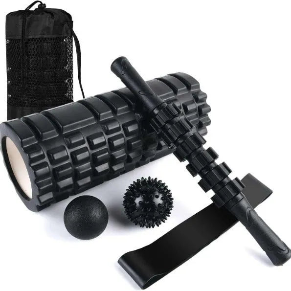 33cm black fitness foam roller with six segmented pieces for muscle massage