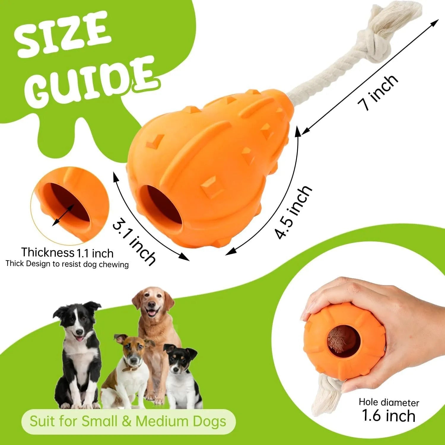 Natural rubber stuffable dog toy with a long strap for interactive play.