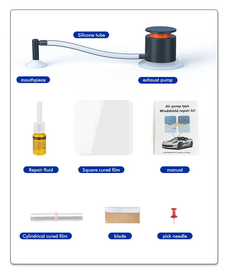 Car windscreen crack repair tool kit with plastic glass corrector for DIY point and crack repairs.