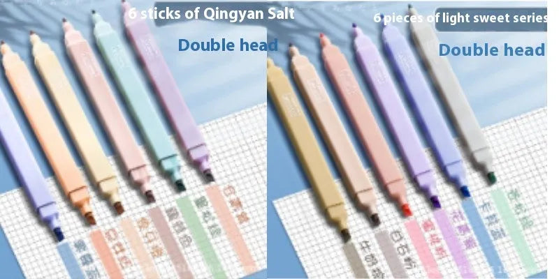 Set of double-ended fluorescent marker pens showing fine fibre tip and broad chisel tip ends