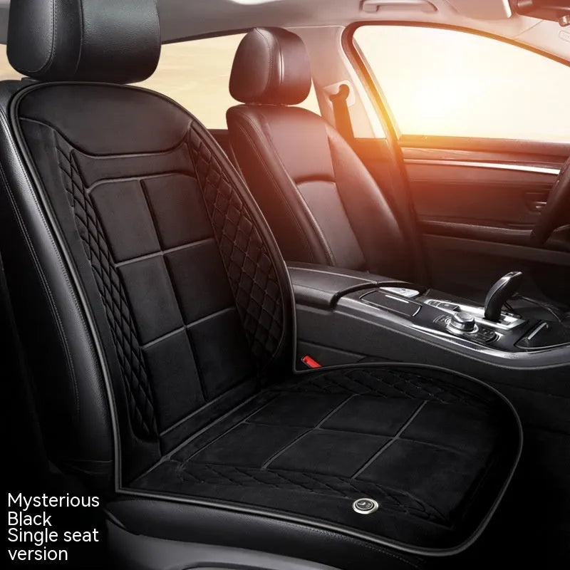 Heated car seat cushion in beige, black, and coffee colours showing single, double, and rear seat size options
