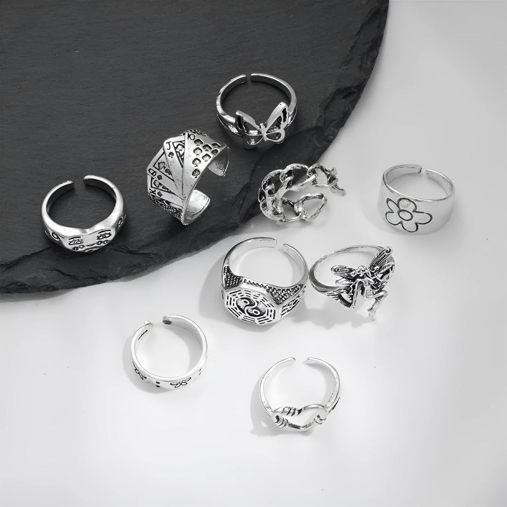 Women's alloy retro ring set with butterfly and snake motifs, open ring design, geometric shapes
