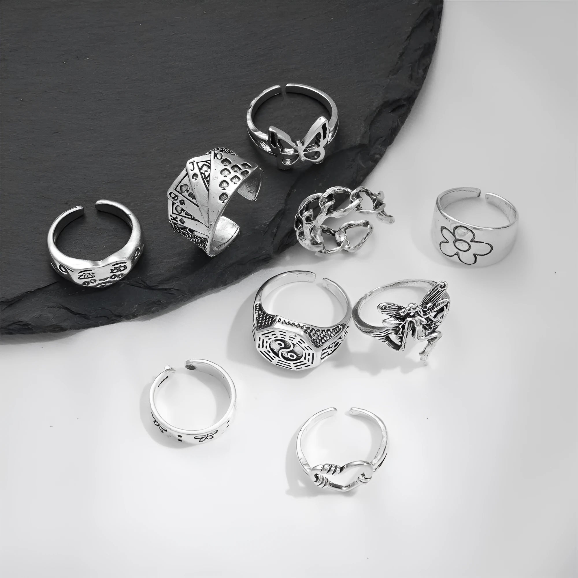 Women's alloy retro ring set with butterfly and snake motifs, open ring design, geometric shapes
