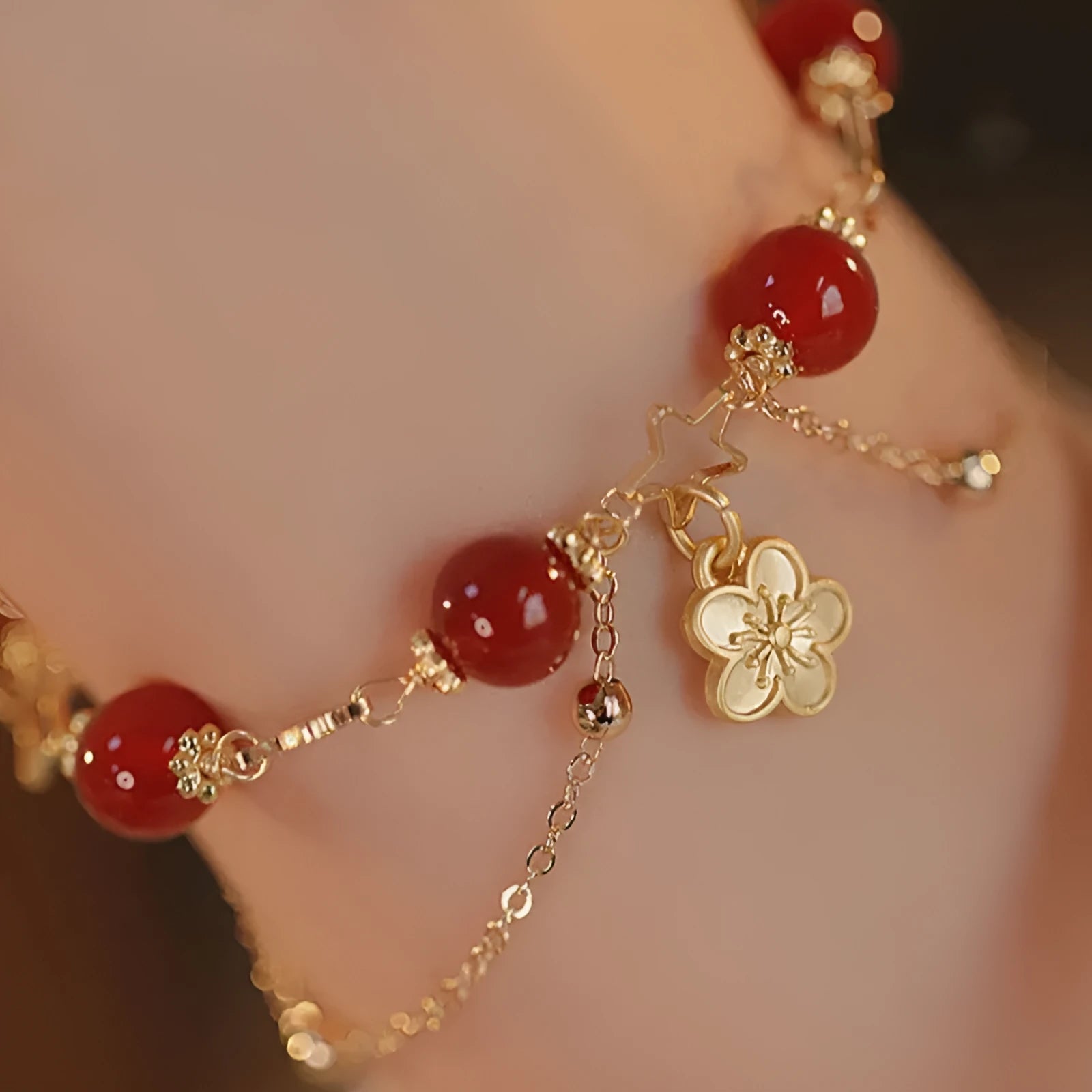 Women's double layer bracelet with natural red agate and peach blossom floral design in red colour