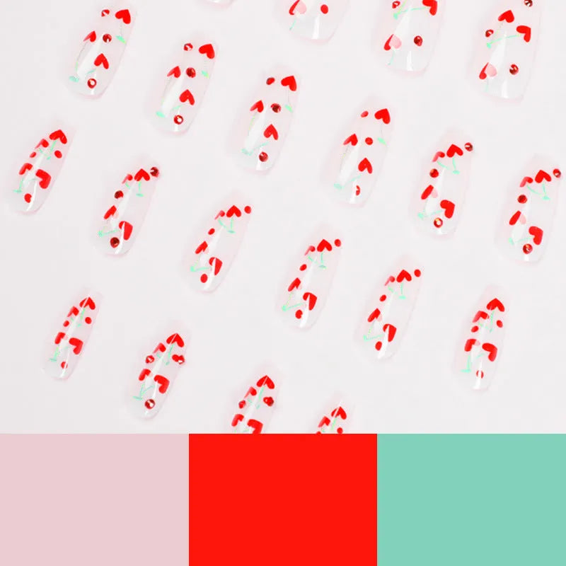 French Love red diamond small cherry gel nail stickers in JP1601 colour, 24-piece pack with adhesive
