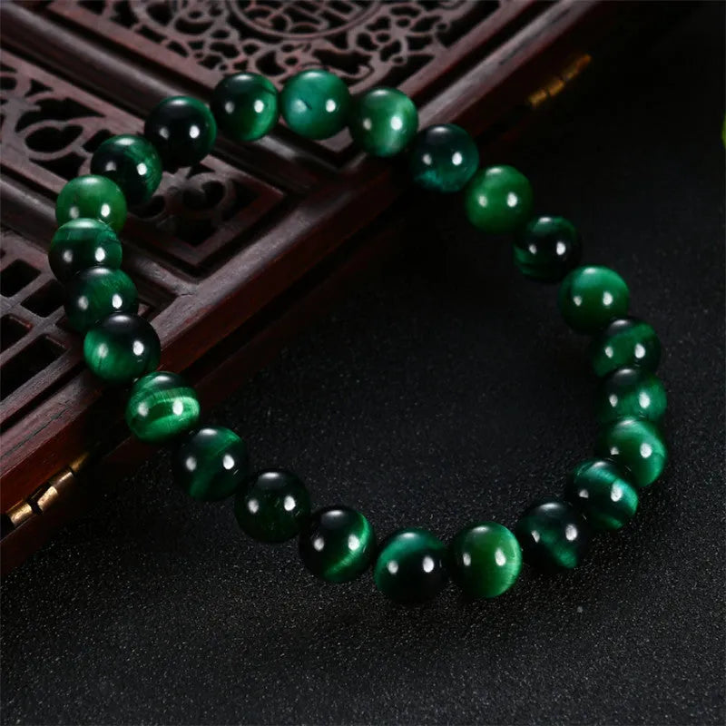 Green tiger eye stone bracelet with geometric beads in multiple size options