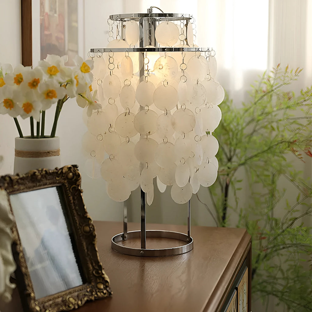 Shell design bedside table lamp in chrome or gold finish, 30cm diameter