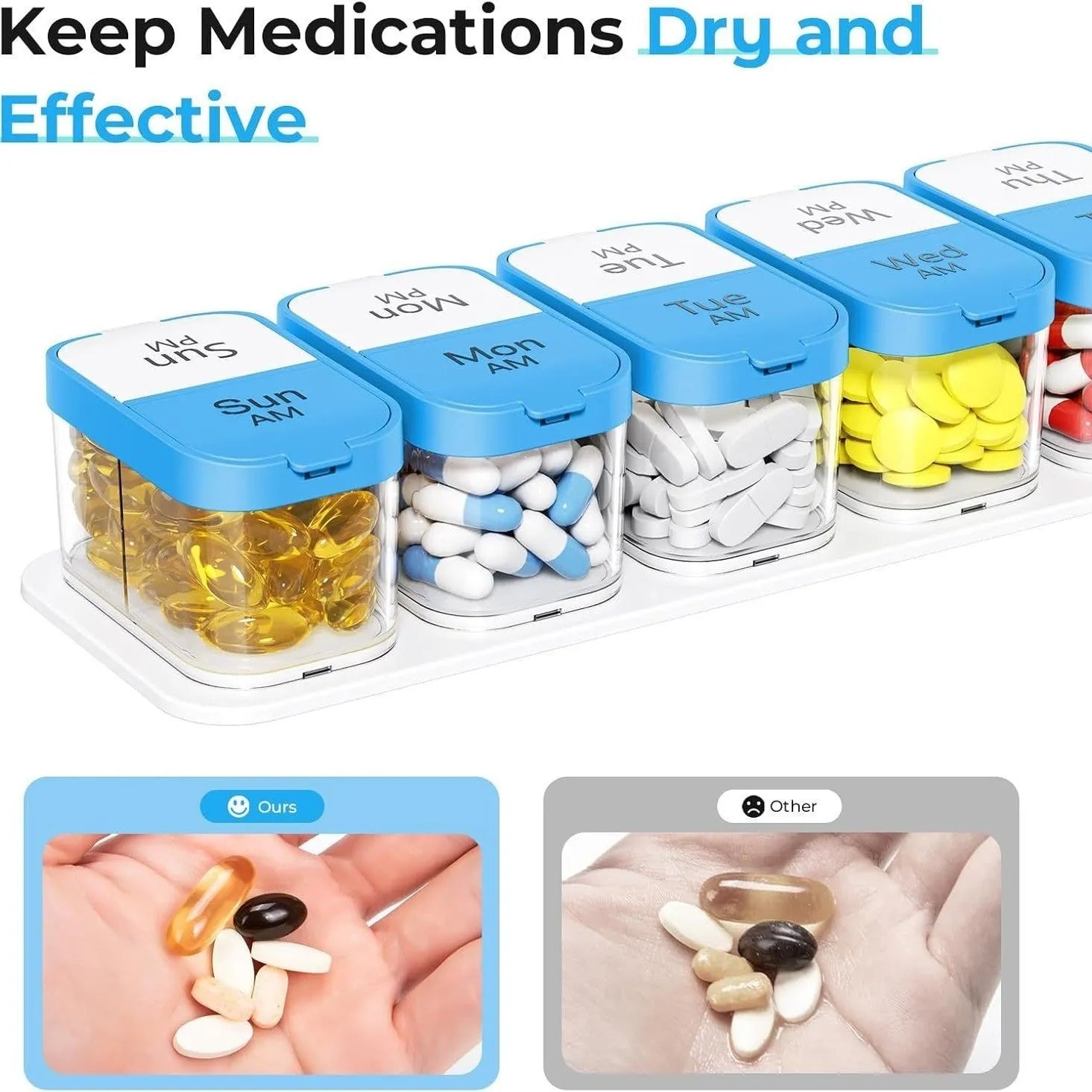 Extra large white or rainbow colour portable pill box with 14 removable compartments for medication organisation