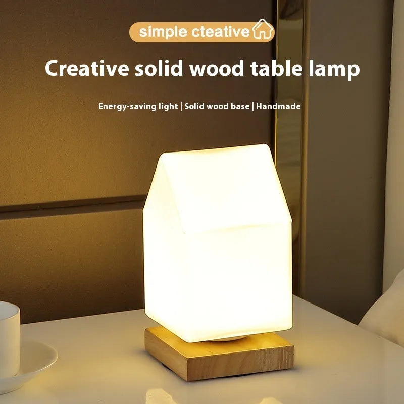 Nordic style solid wood USB table lamp in white geometric shape with touch dimming control