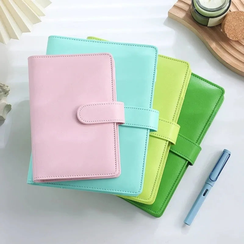 A5 PU leather zipper notebook shell in a solid colour, shown open and closed.