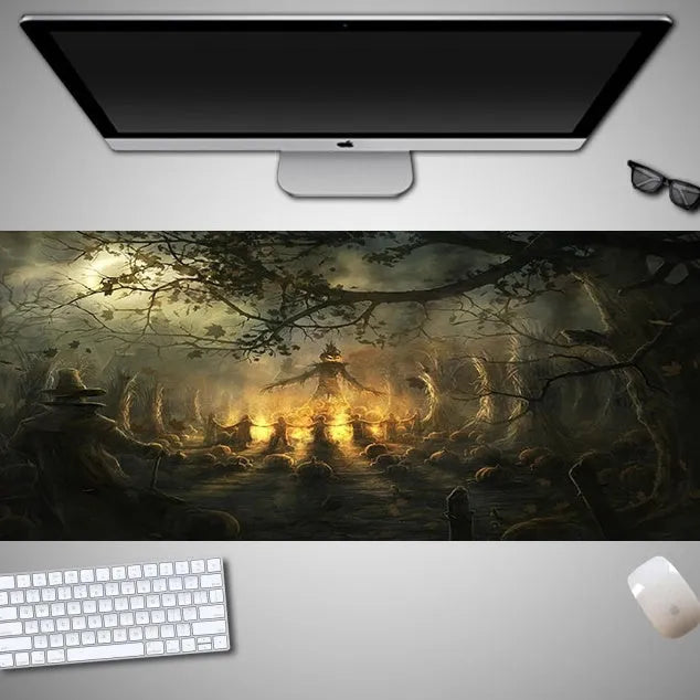 Oversized Halloween-themed gaming mouse pad with non-slip base on a desk.