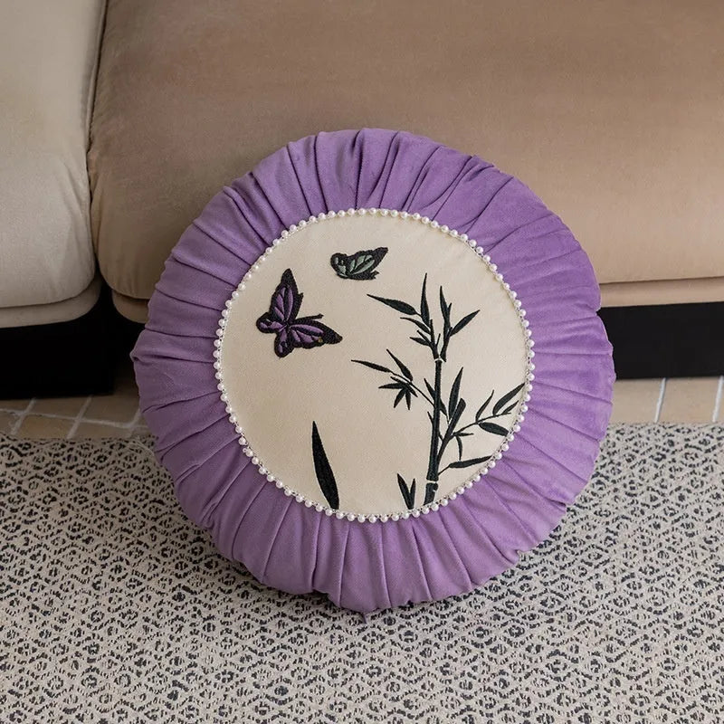 Square butterfly embroidery cushion in beige, black, or purple, 45x45cm.