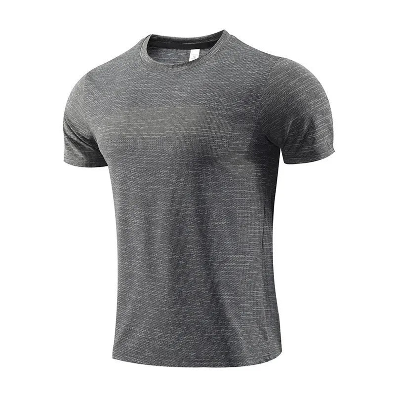 A short-sleeved sports T-shirt for running and basketball in a polyester spandex fabric.