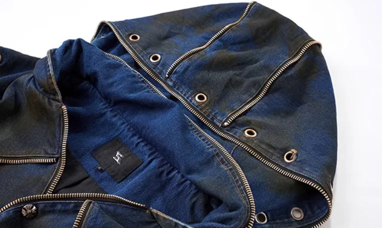 Blue deconstructed Korean-style hooded denim vest and matching trousers laid flat.