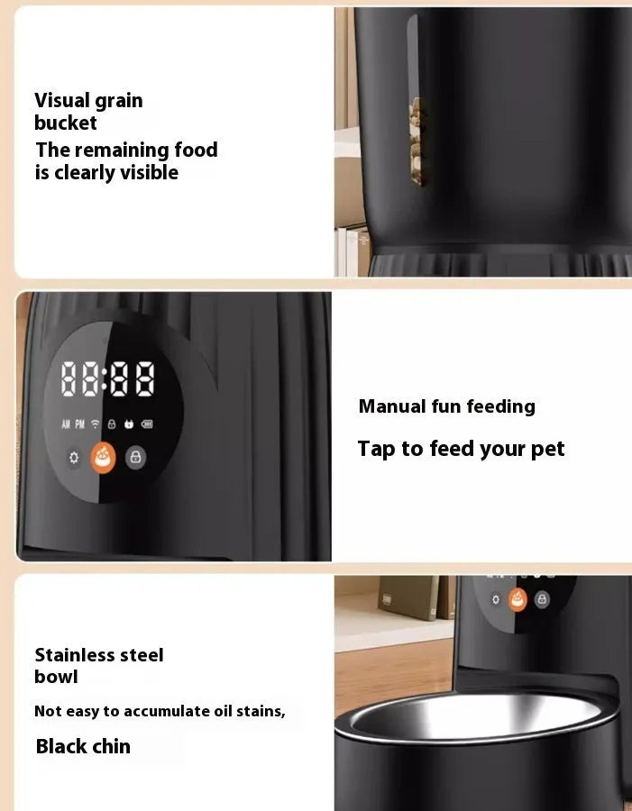 Black intelligent pet feeder with digital display and food container for automatic timed feeding