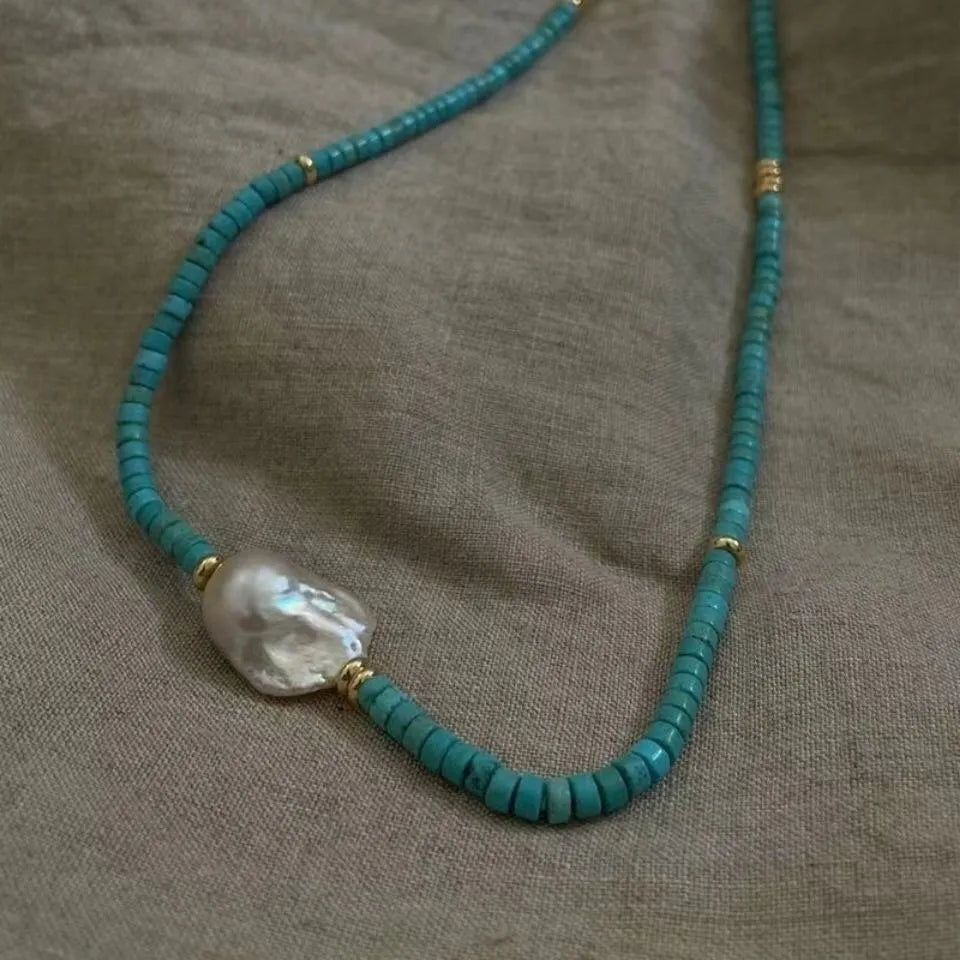 Natural baroque pearl and turquoise necklace with handmade finish