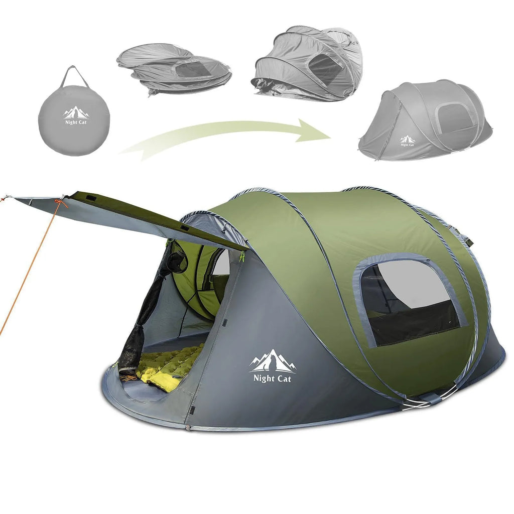 Dark green automatic pop-up camping tent for two people showing dimensions and waterproof features