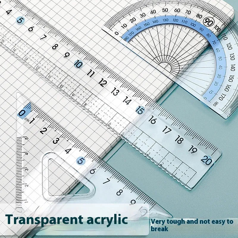 Youpai transparent acrylic drawing ruler set showing protractor and triangles on a blueprint.