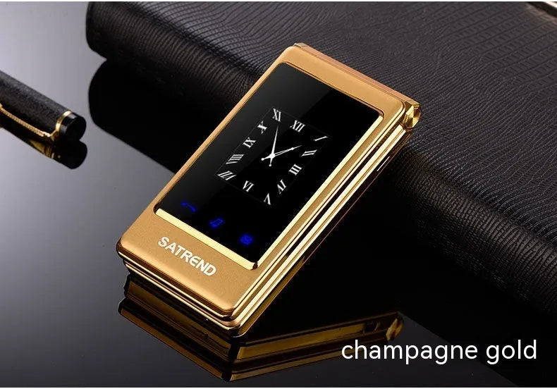 A15 dual screen flip mobile phone in black showing open 3-inch touchscreen and closed 1.44-inch external screen.