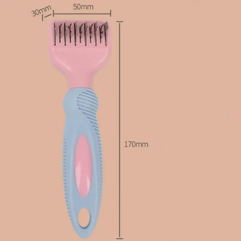Pink dual-ended pet grooming brush with stainless steel knot knife and massage pins on a white background