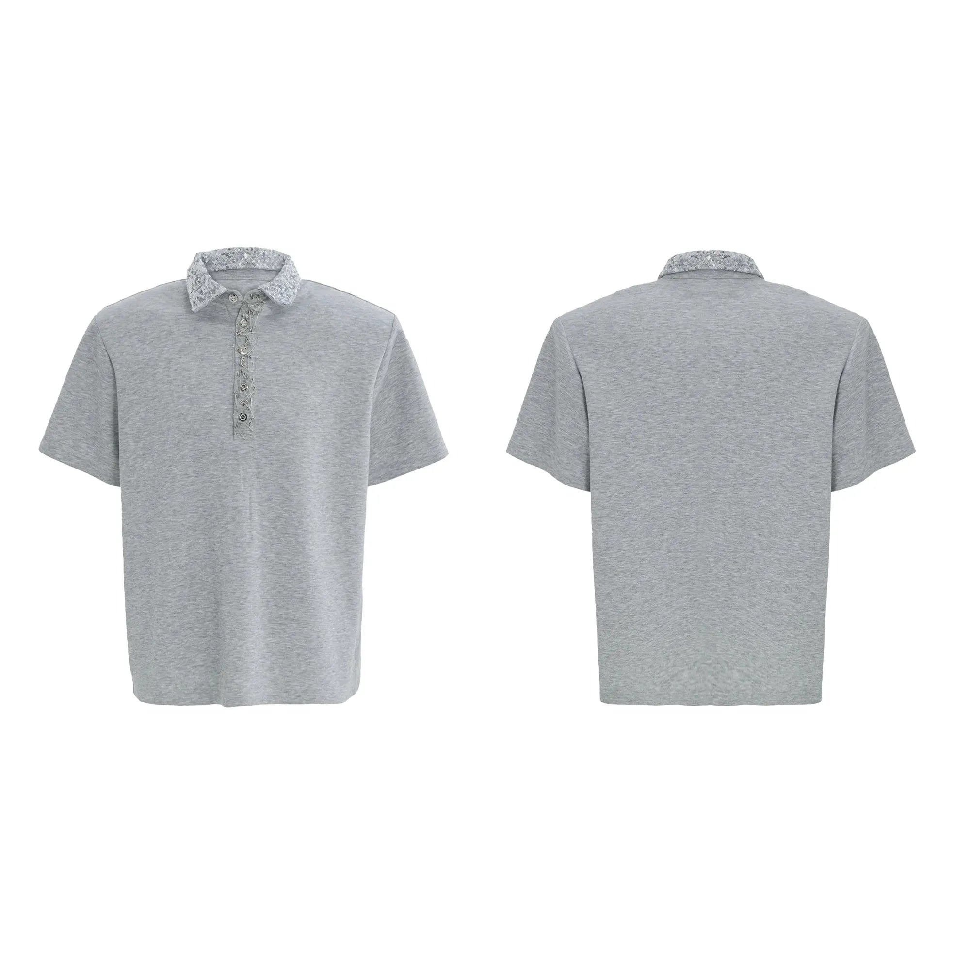 Men's black loose fit polo shirt with a square collar decorated with white embroidery and sequins.