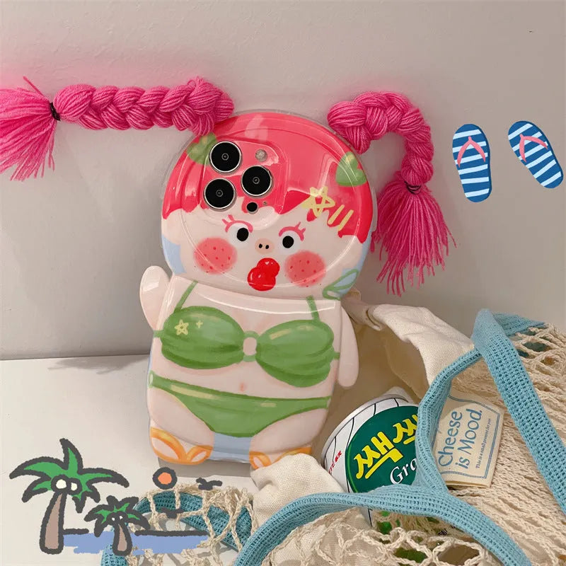 Pink and green summer cartoon iPhone case showing swimsuit girl with braids design on silicone back cover