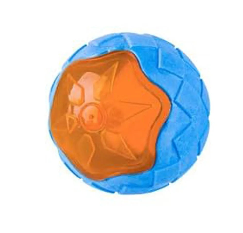 Set of three floating dog toys: blue ball, red barbell, and orange tyre with squeakers