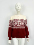 Women's long-sleeved grey alpaca wool cardigan with contrasting diamond knit pattern.