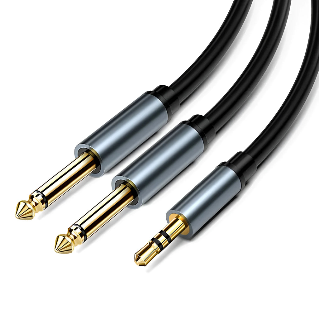 3.5mm to dual 6.5mm male audio cable in black with gold-plated connectors.