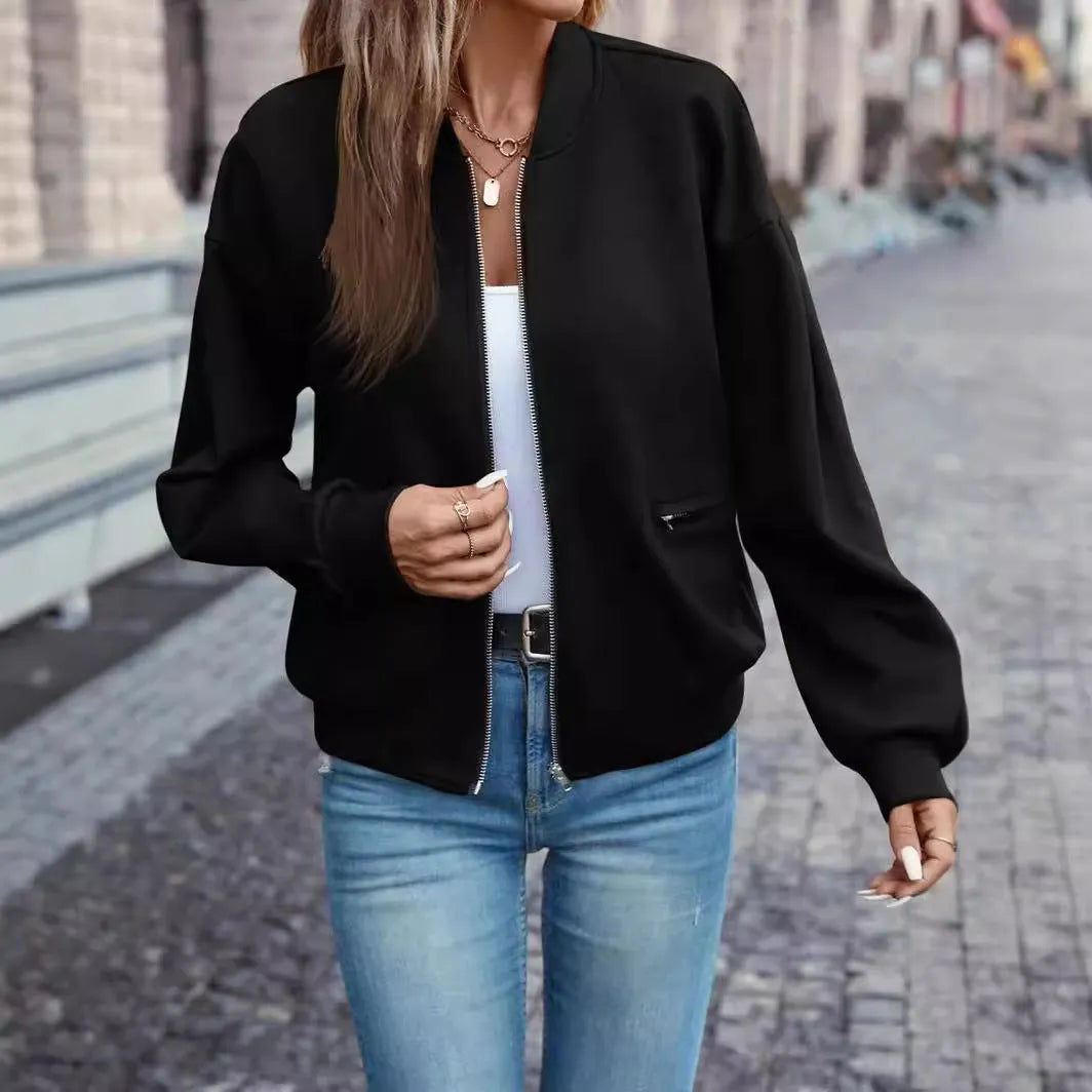 Black women's casual zip-front jacket with long sleeves for autumn and winter.