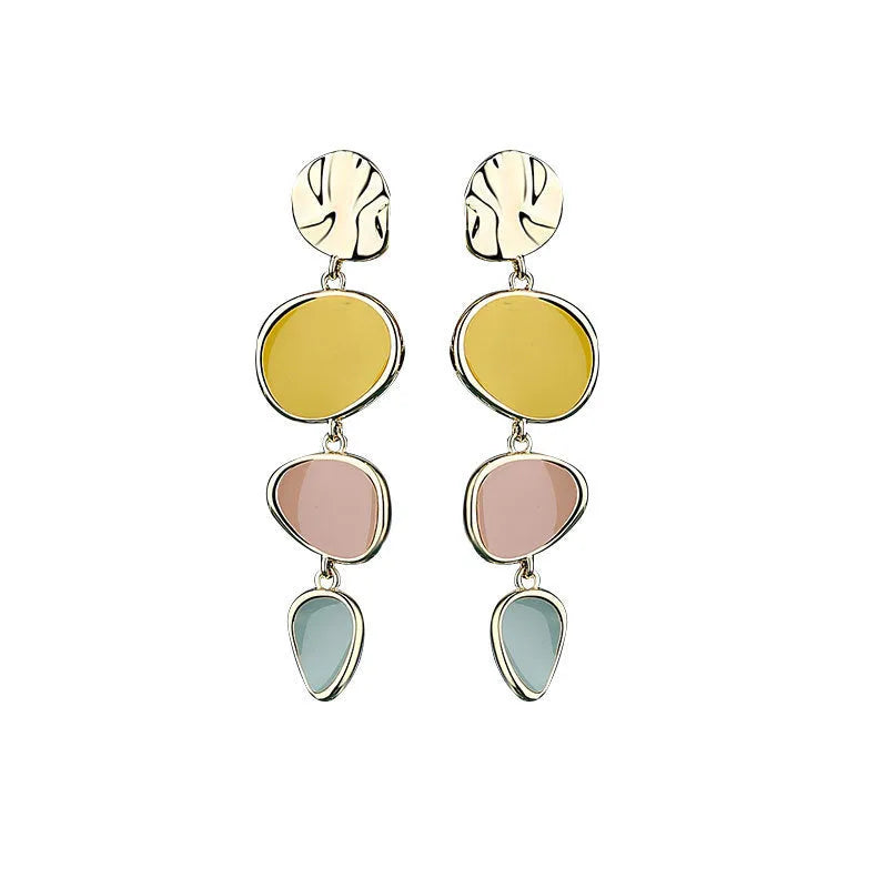 Morandi three-colour oil drip finish on a pair of simple alloy disc earrings with sterling silver posts.