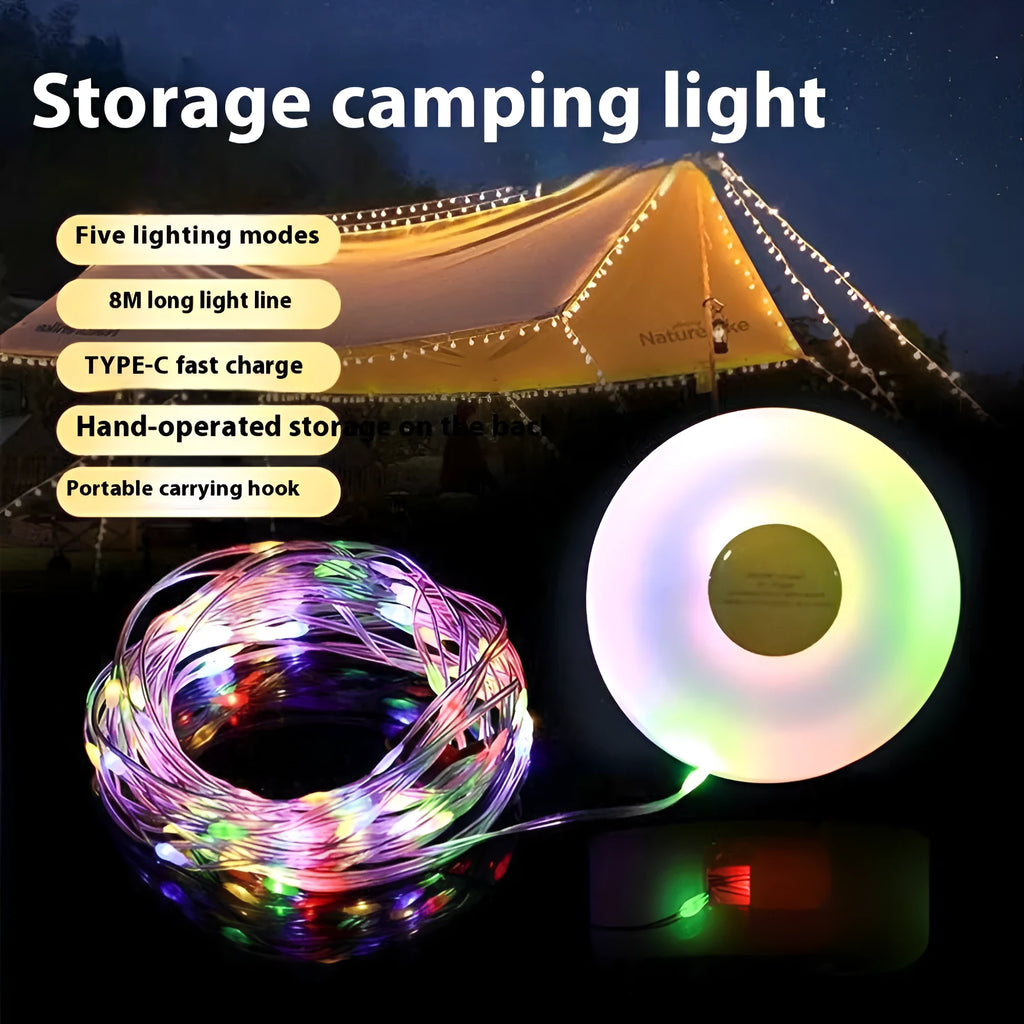 Rechargeable outdoor string lights with LED beads draped over a garden tent.