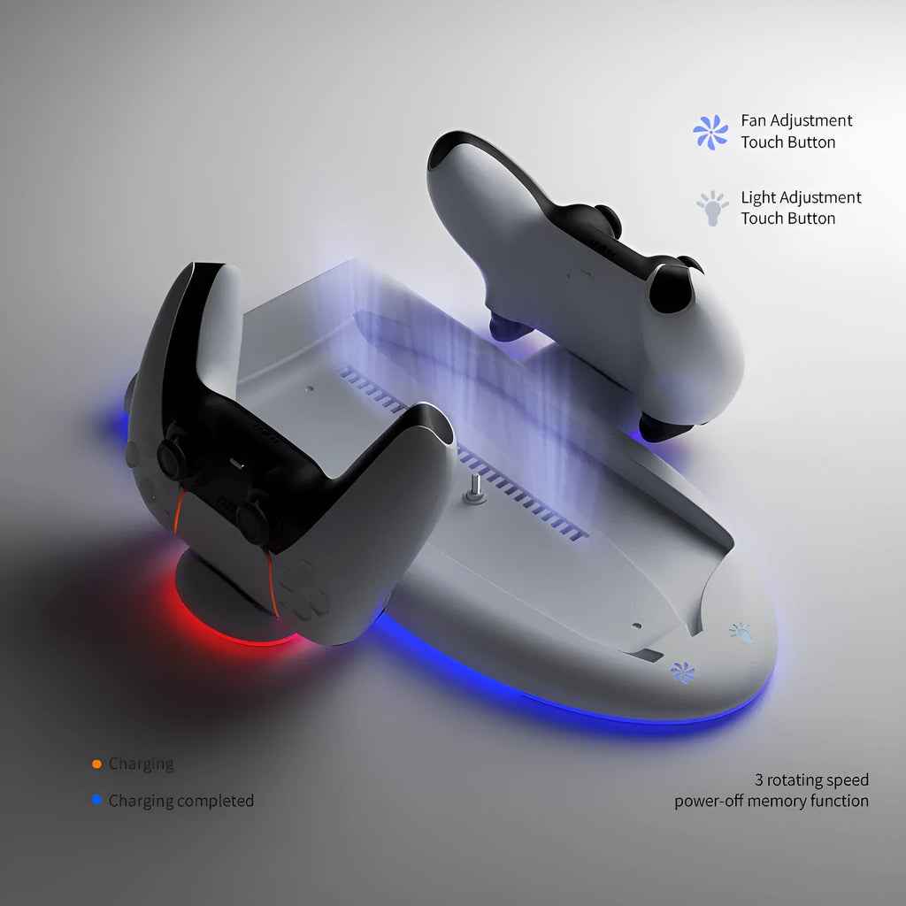 PS5 Slim multifunctional charging base with cooler pad fan and RGB ambient lighting showing white ABS plastic construction