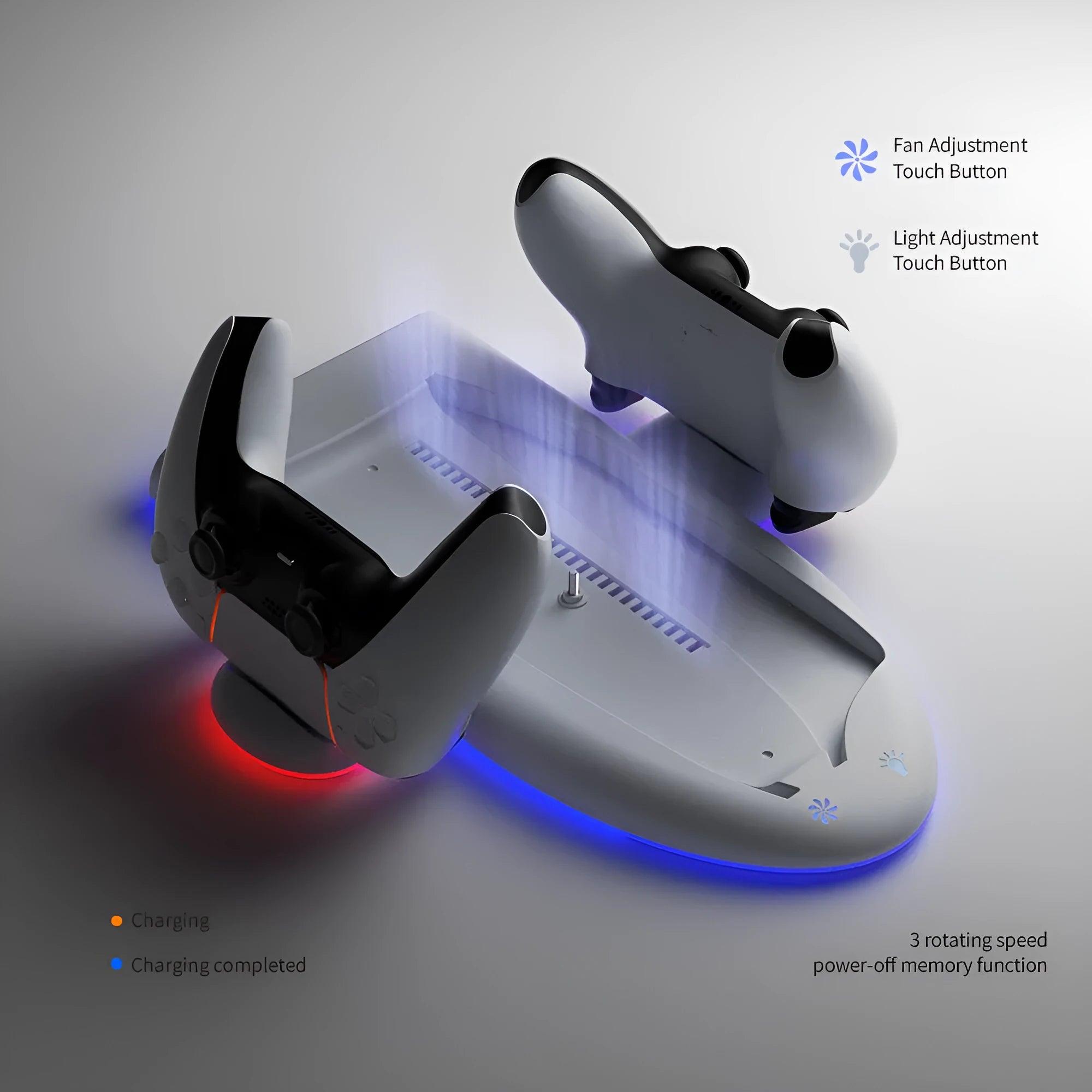 PS5 Slim multifunctional charging base with cooler pad fan and RGB ambient lighting showing white ABS plastic construction