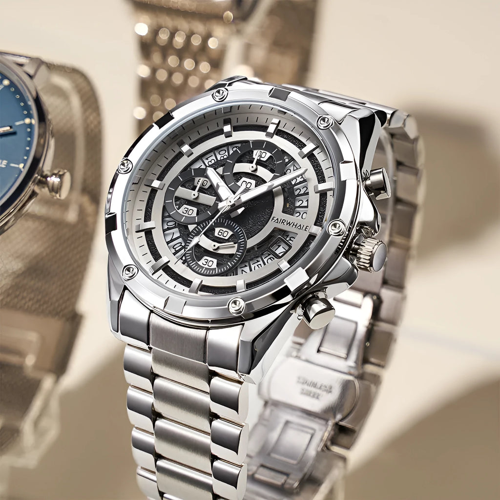 Men's waterproof luminous casual quartz watch with steel belt in black and blue, black and gold, or silver and white colour options